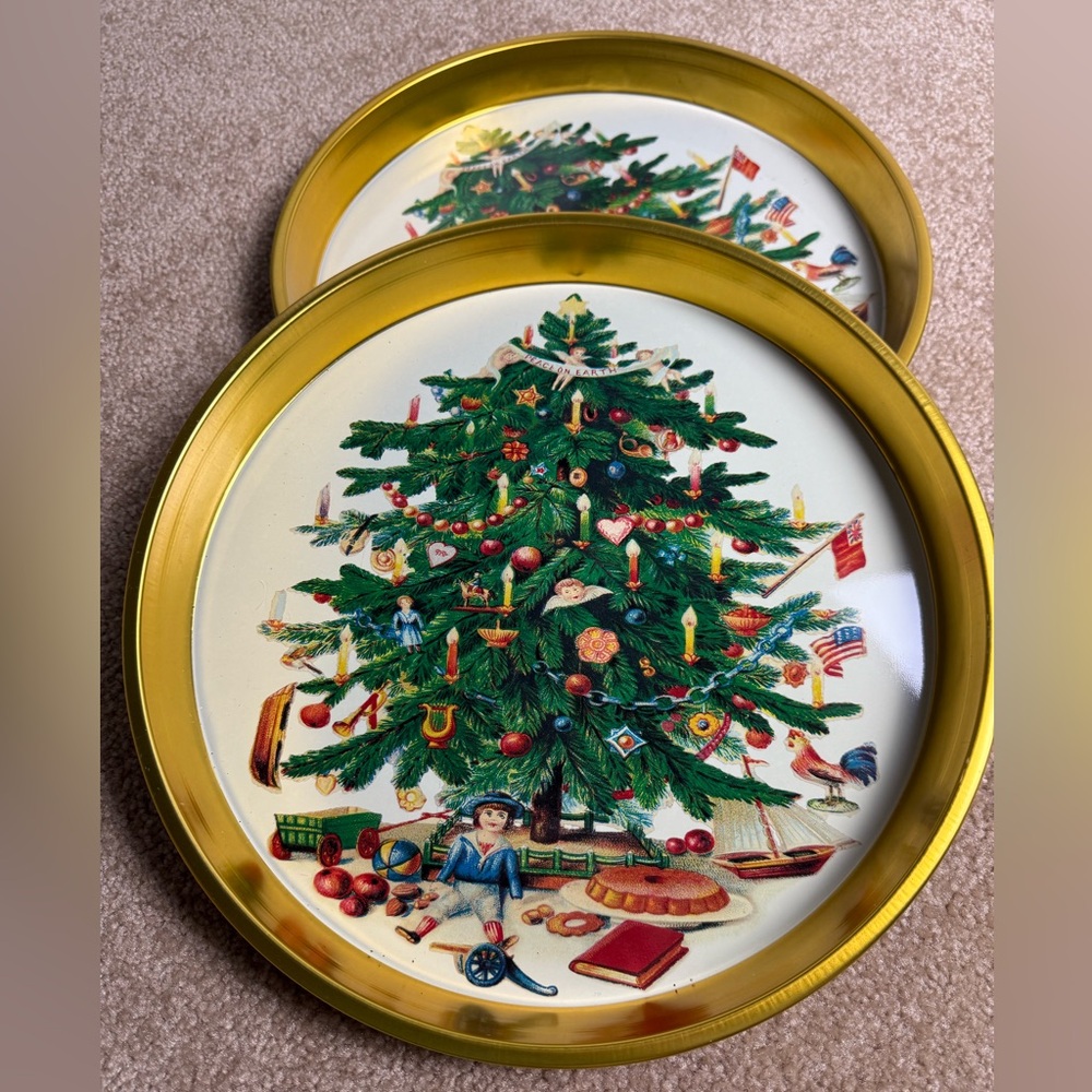 Dept 56 Heirloom SET OF 2 Christmas Tree Tin Tray 11” Vintage Holiday Decor